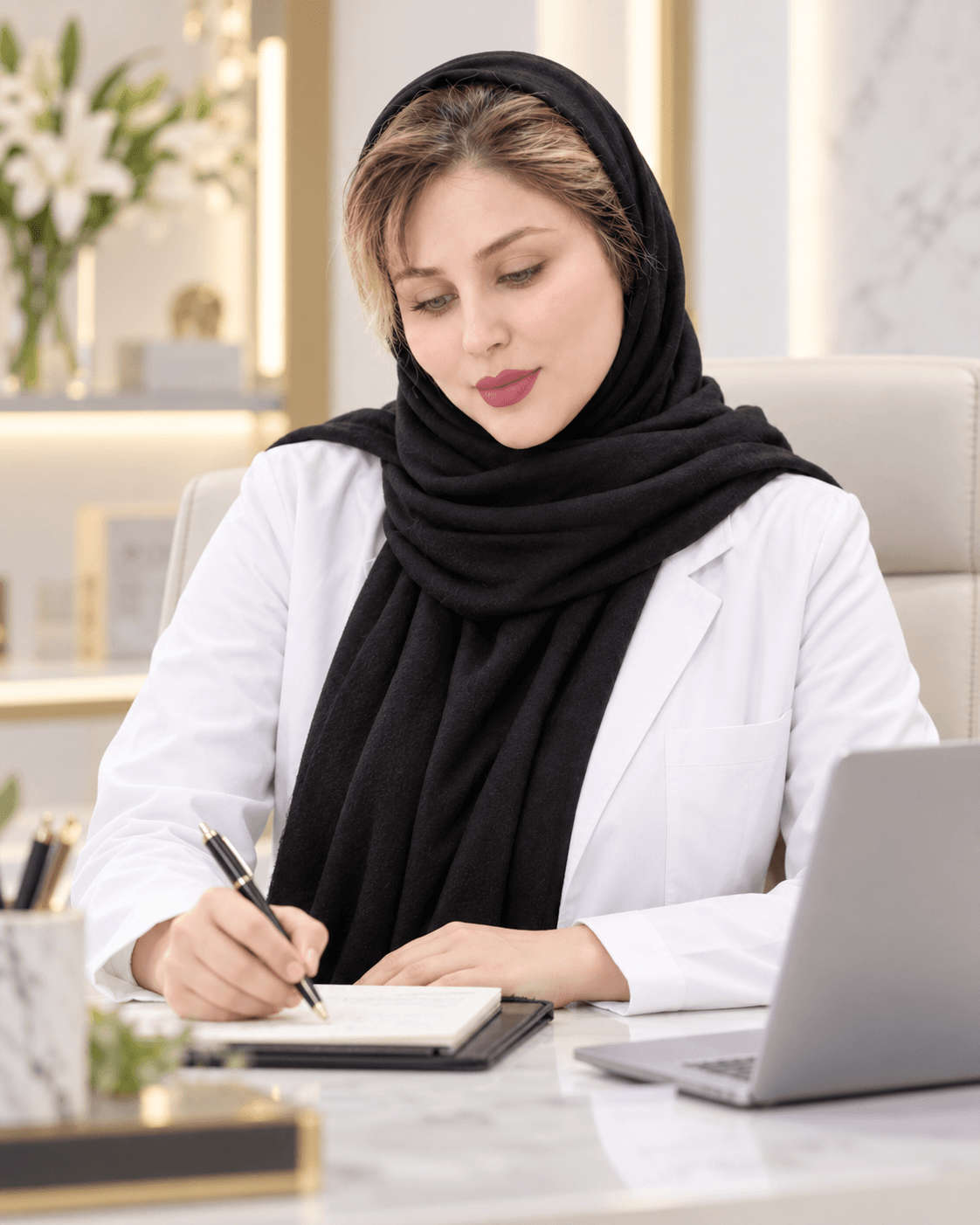 دکتر مریم فارسی هنگام مشاوره و یادداشت‌برداری